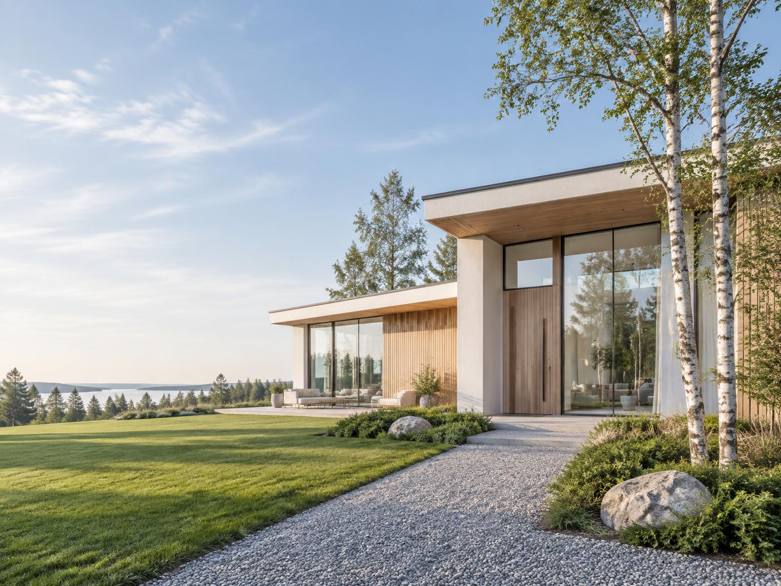Modern ljus villa i svensk villaträdgård en solig dag